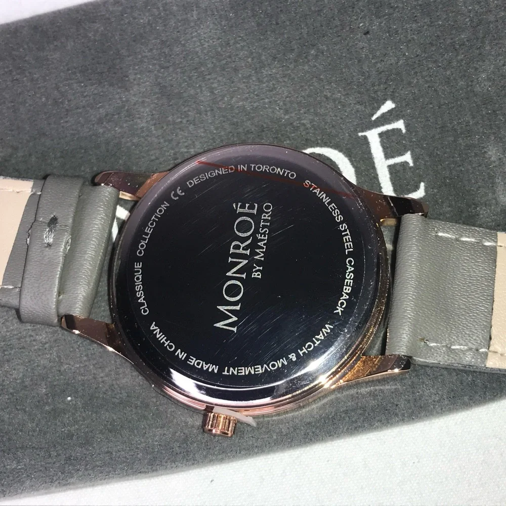 Monroe By Maestro Classique Collection. Gray & Rose Gold Leather Watch